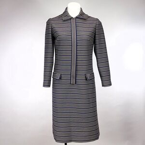 Leslie Fay Knits Vintage Blue Tan Striped‎ Long Sleeve Mod Midi Dress 1960s 70s